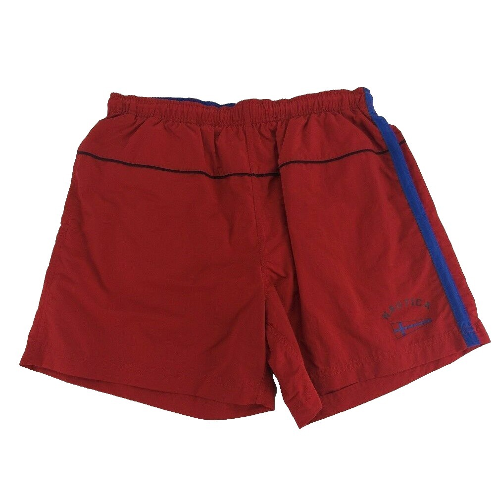 Nautica Flag Bathing Suit M Red Blue SpellOut Swim Trunks Shorts Beach Mens